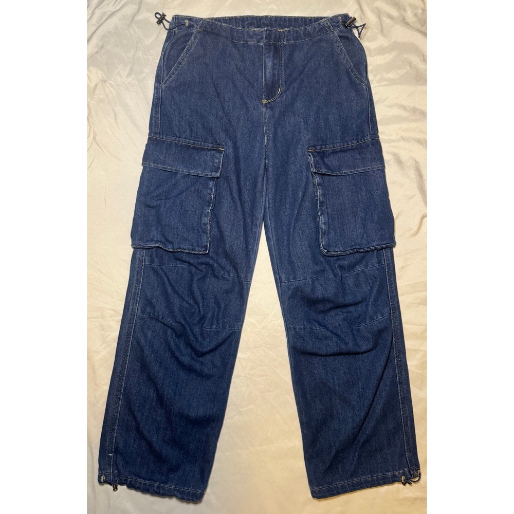 Tractr Baggy Cargo Jeans Women's Size 14 Blue Denim Y2K Streetwear Bungee Toggle